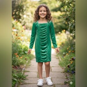 New! Green Velour Girl’s 7/8 Art Class Ruched Dress Holiday Costume Dress Up Fun